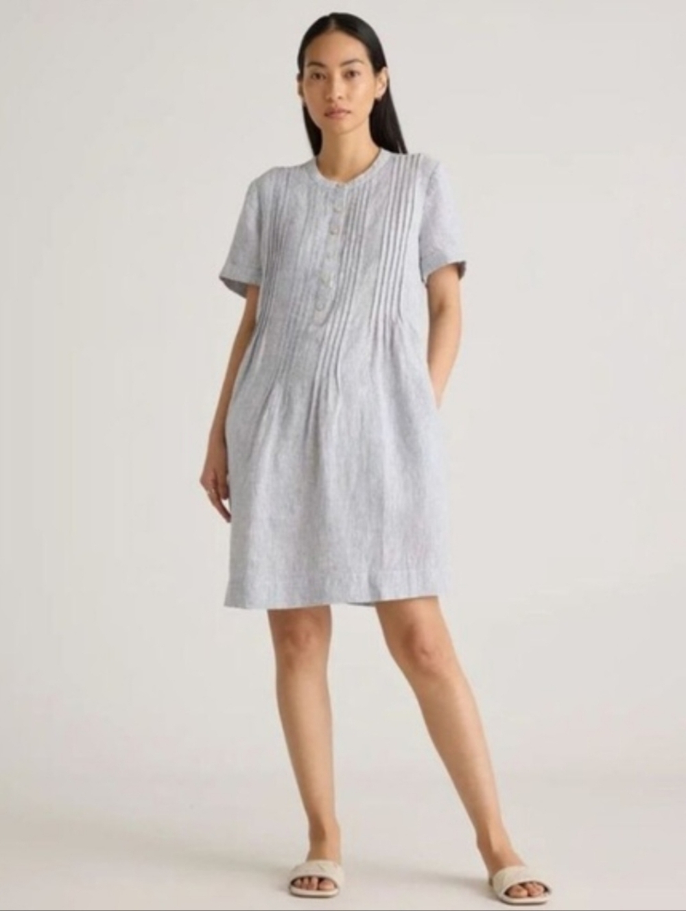 Quince Pale Blue Pintuck Linen Mini Dress
